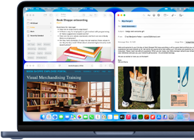 MacBook Neo w&nbsp;kolorze indygo, na&nbsp;ekranie widać wiadomość e-mail z&nbsp;powitalnym pozdrowieniem dla nowej pracowniczki księgarni, inne okna zawierają dokument z&nbsp;Notatek o&nbsp;wdrożeniu i&nbsp;stronę internetową portalu dla pracowników księgarni w&nbsp;Safari