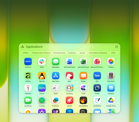 Ekran MacBooka Neo z oknem aplikacji zawierającym: Microsoft PowerPoint, Word, Excel i OneNote, Google Chrome i Dysk Google, FaceTime, Wiadomości, Zdjęcia, Notatki, Canva, WhatsApp, Zoom, Essayist, Craft, Affinity, Box i Todoist