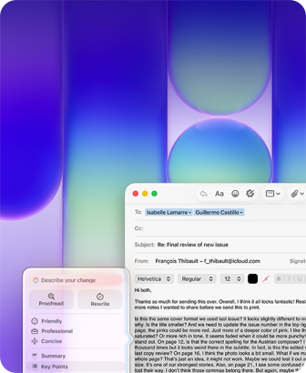 Ekran MacBooka Neo, na którym w aplikacji Poczta za pomocą Narzędzi pisania Apple Intelligence poprawiono długi akapit w wiadomości zawierającej komentarz na temat publikacji