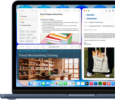 MacBook Neo w&nbsp;kolorze indygo, na&nbsp;ekranie widać wiadomość e-mail z&nbsp;powitalnym pozdrowieniem dla nowej pracowniczki księgarni, inne okna zawierają dokument z&nbsp;Notatek o&nbsp;wdrożeniu i&nbsp;stronę internetową portalu dla pracowników księgarni w&nbsp;Safari