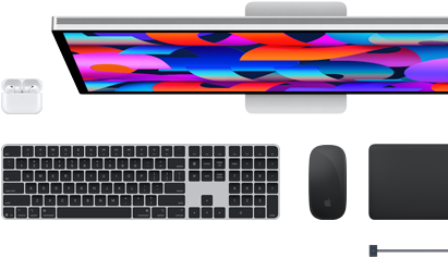 Akcesoria do Maca: AirPods, monitor Studio Display, klawiatura Magic Keyboard, mysz Magic Mouse, gładzik Magic Trackpad, przewód do ładowania MagSafe