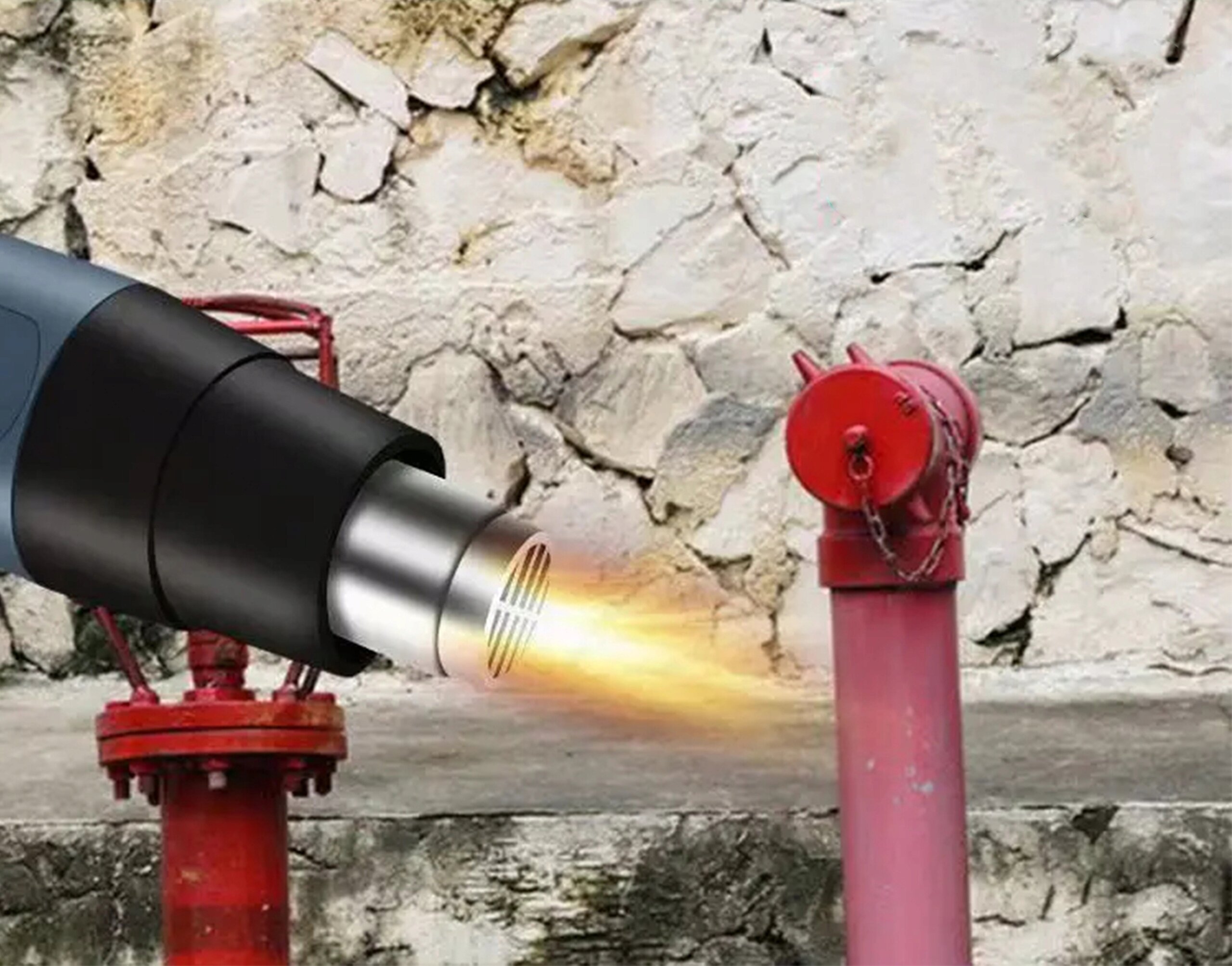 Na tle kamiennej ściany widoczna jest opalarka elektryczna emitująca płomień w kierunku czerwonego hydrantu. Hydrant jest zabezpieczony łańcuchem.