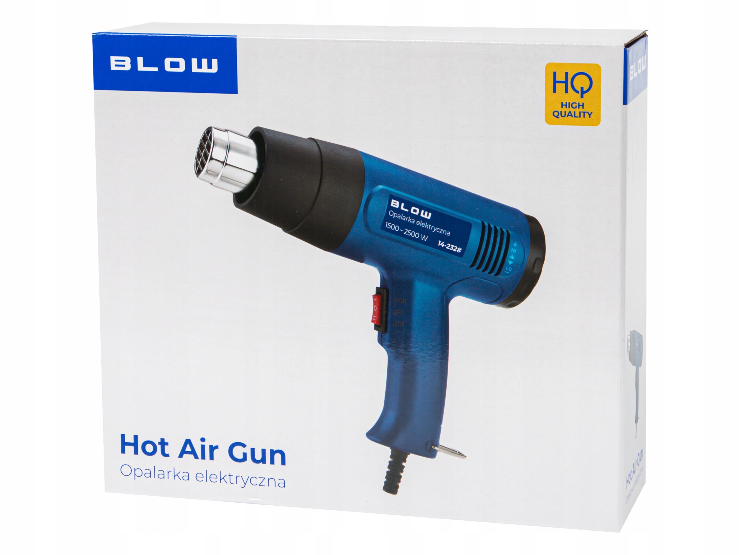 Na białym tle znajduje się opakowanie z niebieską opalarką elektryczną. Widoczny tekst to: \'BLOW\', \'Hot Air Gun\', \'Opalarka elektryczna\', \'1500-2500 W\', \'HQ HIGH QUALITY\'.