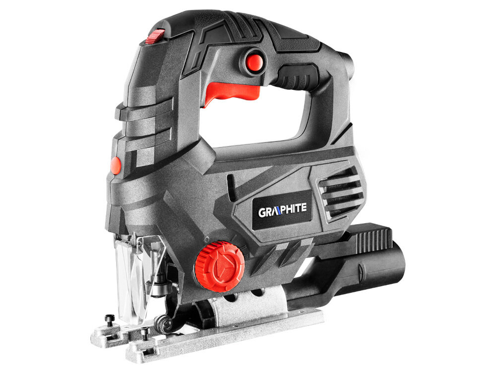 Wyrzynarka GRAPHITE 58G077 komfort duża moc szeroki zakres zastosowań do użytku domowego do cięcia w drewnie i stali silnik moc 800 W prędkość skokowa do 3100 skok/min długość skoku 18 mm