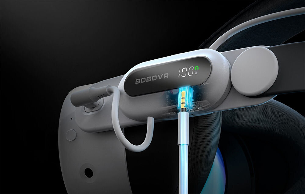 Pasek odciążający BOBOVR E3 PRO do Meta Quest 3/3s + bateria
			zbliżenie na wyświetlacz paska na ciemnym tle wyświetlacz poziom naładowania system zarządzania energią ochrona akumulatora stabilne działanie