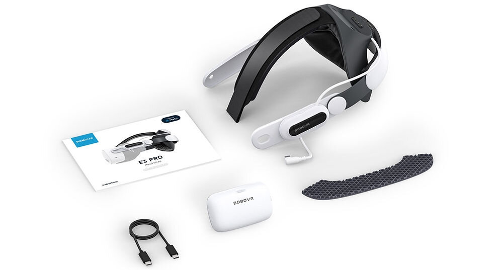 Pasek odciążający BOBOVR E3 PRO do Meta Quest 3/3s + bateria
			prezentacja paska akumulatora oraz akcesoriów znajdujących się w opakowaniu na jasnym tle niska waga ogranicza obciążenie wysoka jakość materiałów odporność na zużycie