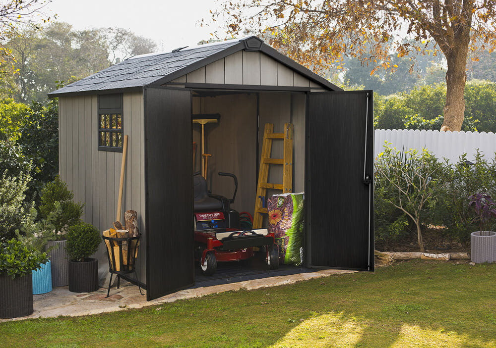 Domek narzędziowy KETER Oakland 759 Szaro-antracytowy do przechowywania elegancki praktyczny wymiary wewnętrzne 229 x 287,5 x 242 cm podłoga 6,57 m2