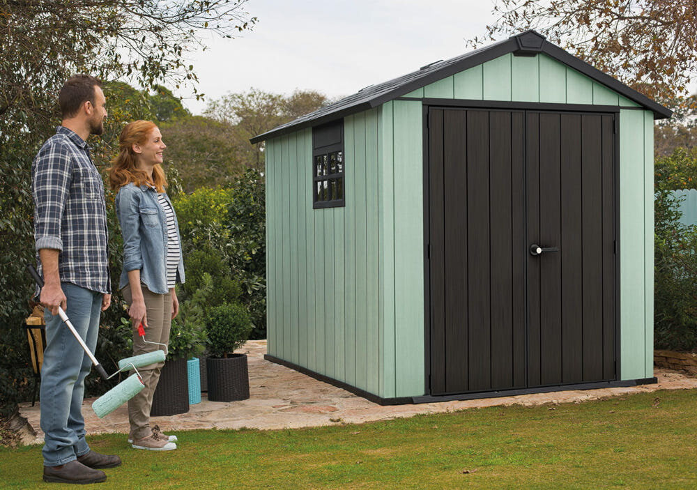 Domek narzędziowy KETER Oakland 759 Szaro-antracytowy do bezpiecznego przechowywania estetyczny wygląd spora przestrzeń wewnątrz domku możliwość pomalowania zewnętrznych ścian