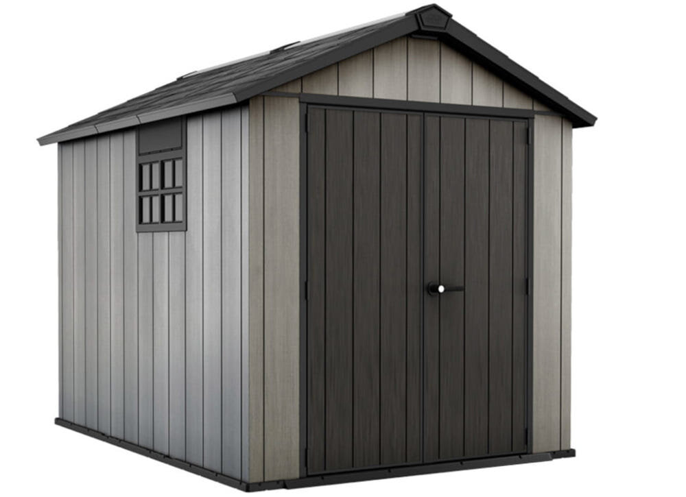 Domek narzędziowy KETER Oakland 759 Szaro-antracytowy trwała konstrukcja z wysokiej jakości tworzywa DUOTECH struktura naturalnego drewnadach wzmocniona stalową konstrukcją obciążenie śniegiem do 150 kg/m2 wbudowane otwory wentylacyjne