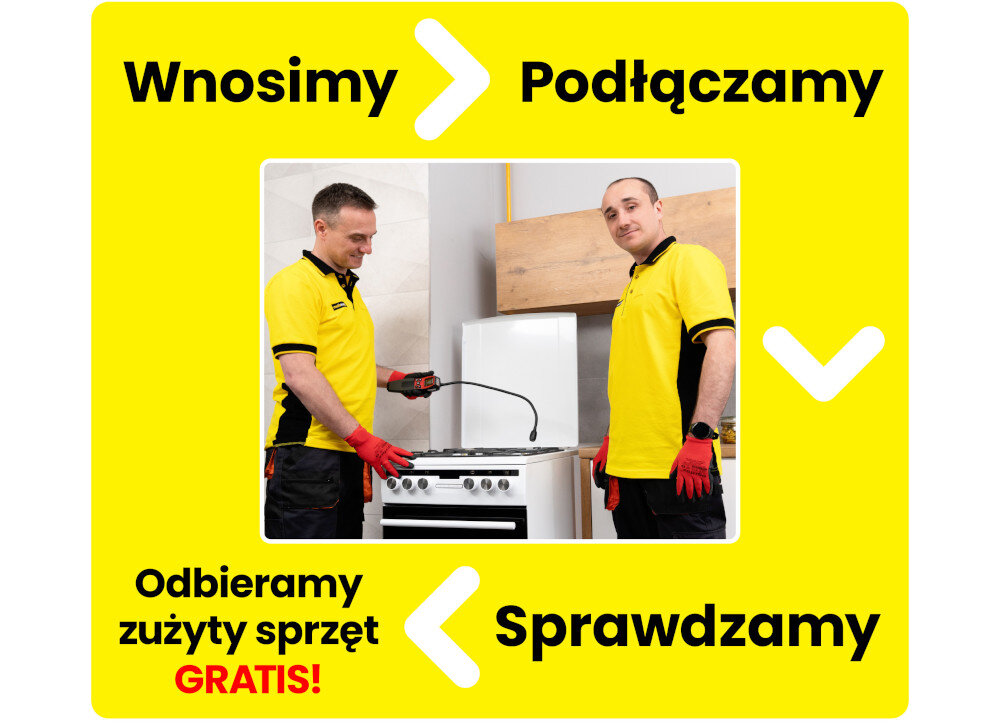 Dwóch mężczyzn w żółtych koszulkach i czerwonych rękawicach stoi przy kuchence gazowej. Tekst na żółtym tle: \'Wnosimy > Podłączamy\', \'Odbieramy zużyty sprzęt GRATIS!\', \'Sprawdzamy\'.