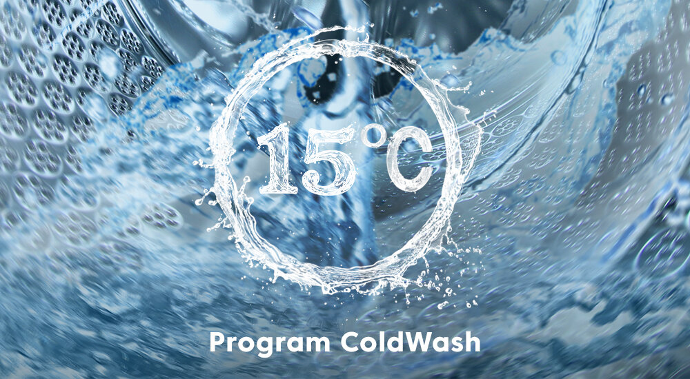PRALKA BEKO TB6522ECWPL Woda wiruje wewnątrz bębna pralki, a na środku widnieje znak 15°C zanurzony w kroplach. Podpis wskazuje na program prania w niskiej temperaturze ColdWash pranie 15°C oszczędność energii bawełniane syntetyczne dzianiny delikatne tkaniny