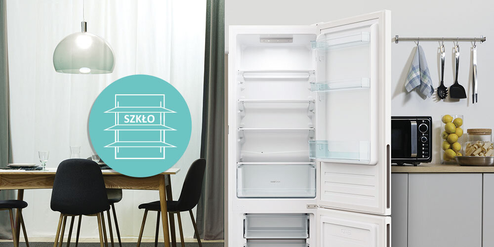 LODÓWKA CANDY CCT3L517EW wizualizacja kuchnia salon stół krzesła dekoracje lampa lodówka pusta otwarta Półki z bezpiecznego szkła higiena wygoda bezpieczeństwo