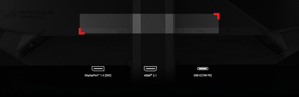 Monitor ASUS ROG Strix XG32UCWMG 32 cali 3840x2160px 240Hz 0.03 ms [GTG] prezentacja monitora od tyłu zbliżenie na porty na czarnym tle porty złącza gniazda