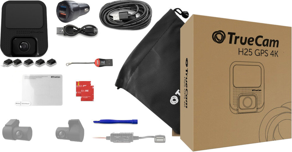 Wideorejestrator TRUECAM Truecam H25 opakowanie zawartość zestaw akcesoria