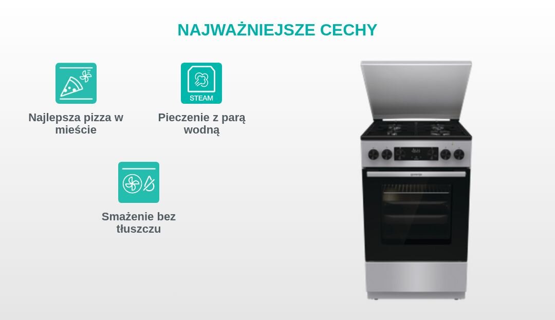 KUCHNIA GORENJE MEKS5121SM Grafika produktowa z kuchnią wolnostojącą Gorenje po prawej stronie oraz trzema turkusowymi piktogramami po lewej, opisanymi jako „Najlepsza pizza w mieście”, „Stabilne i trwałe ruszty” i „Łatwe wysuwanie blach” pod nagłówkiem „NAJWAŻNIEJSZE CECHY”