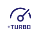 Ikona przedstawia symbol prędkościomierza z napisem \'+TURBO\' poniżej, w kolorze granatowym.