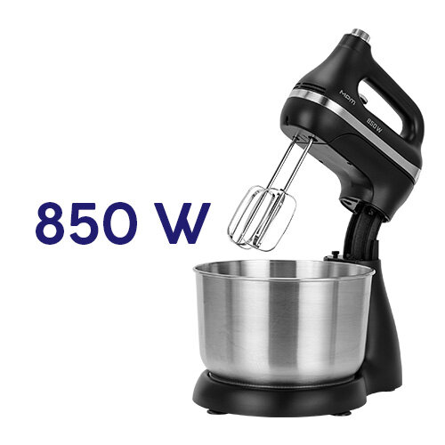 Czarny mikser z misą ze stali nierdzewnej, obok widoczny napis \'850 W\'.