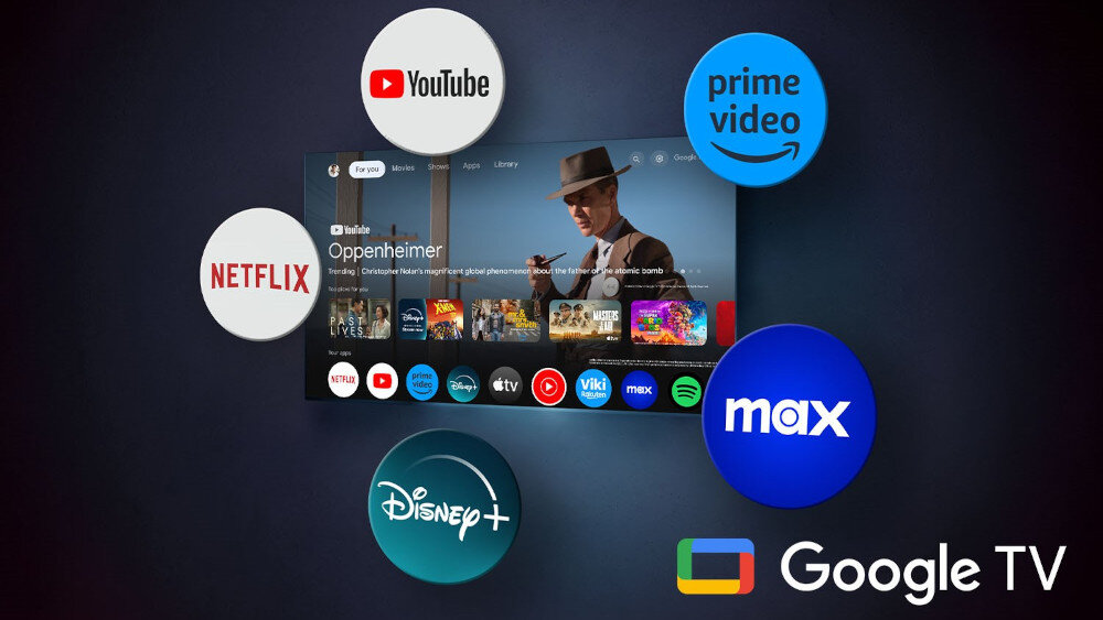 Telewizor PHILIPS 65OLED820 Google TV filmy programy aplikacje, telewizor zawieszony na ścianie z włączonym google TV