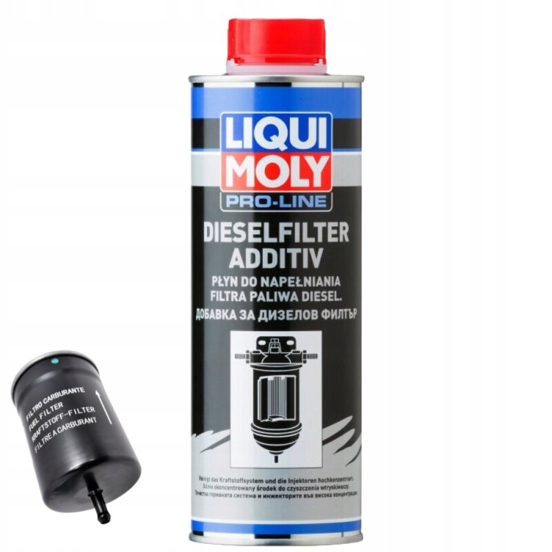 Na obrazie widoczna jest puszka z napisem \'LIQUI MOLY PRO-LINE DIESELFILTER ADDITIV PŁYN DO NAPEŁNIANIA FILTRA PALIWA DIESEL\'. Obok znajduje się filtr paliwa z napisami w kilku językach.