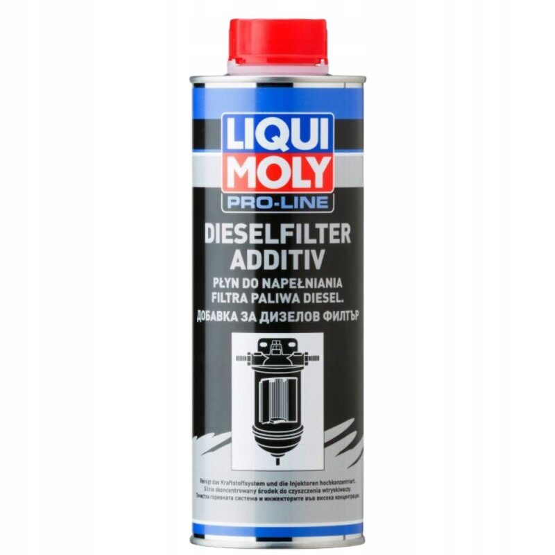 Na obrazie widoczna jest metalowa puszka z czerwonym korkiem, oznaczona logo \'LIQUI MOLY PRO-LINE\'. Na etykiecie znajduje się tekst: \'DIESELFILTER ADDITIV PŁYN DO NAPEŁNIANIA FILTRA PALIWA DIESEL\'.