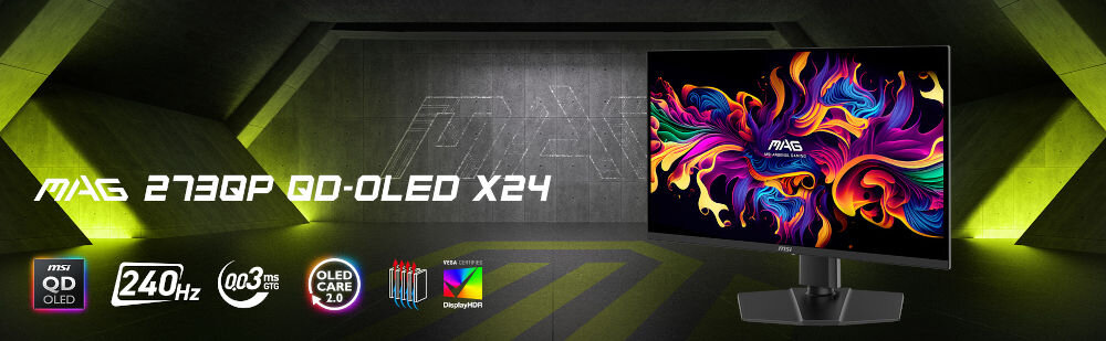 Monitor MSI Mag 273QP QD-OLED X24 26.5 cala 2560x1440px 240Hz 0.03ms [GTG] prezentacja monitora w tle podświetlony ledami magazyn ikony technologii