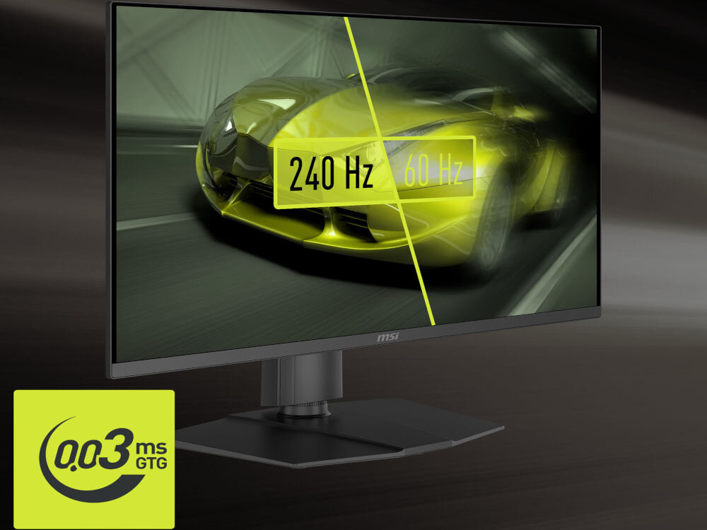 Monitor MSI Mag 273QP QD-OLED X24 26.5 cala 2560x1440px 240Hz 0.03ms [GTG] prezentacja monitora na ciemnym tle pokazanie 240 Hz i 60 Hz na ekranie samochód jadący drogą 240Hz odświeżanie płynny obraz synchronizacja redukcja zacięć