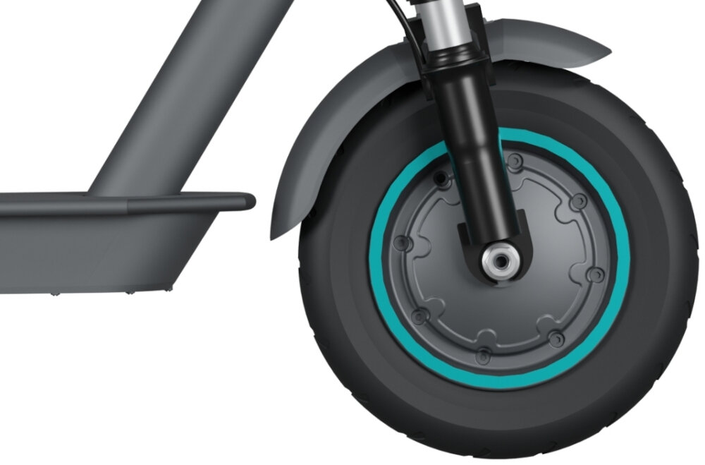 Hulajnoga elektryczna MOTUS Scooty 10 Lite Gen 6 30km 350W Amortyzacja 10 cali Szary zbliżenie na tylne koło w kole silnik silnik o mocy 350 W cicha praca płynna kontrola prędkości pokonanie wzniesień o nachyleniu do 15% maksymalna prędkość do 20 km/h