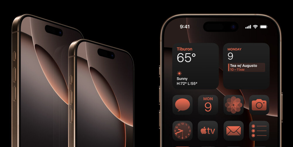 Na obrazie widoczne są dwa smartfony z ciemnym interfejsem użytkownika, na którym wyświetlane są ikony aplikacji i widżety z informacjami o pogodzie i kalendarzu. Ekran pokazuje temperaturę 65°F w Tiburon oraz wydarzenie \'Tea w/ Augusto\' od 10 do 11 AM.
