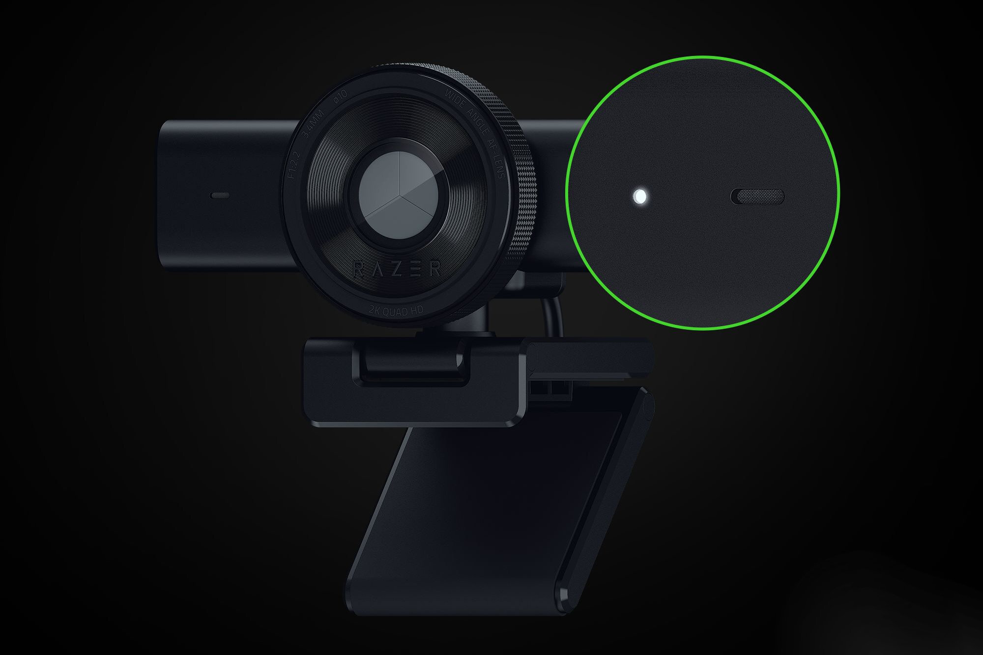 RAZER Kiyo V2 X Zintegrowany mikrofon mikrofonu obrazem Full HD 60 FPS - Zbliżenie na obudowę kamery z wyróżnieniem wskaźnika LED