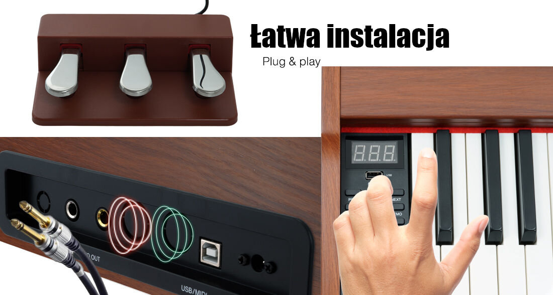 Pianino cyfrowe MUSICMATE MM-P40-B Brązowy wejścia gniazda brzmiania rytmy utwory demo pedał