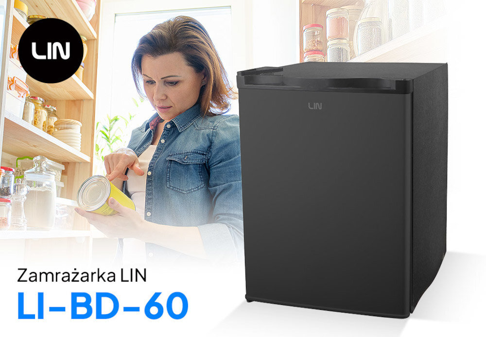 ZAMRAŻARKA LIN LI-BD-60 front kobieta model logo kobieta półki zapasy