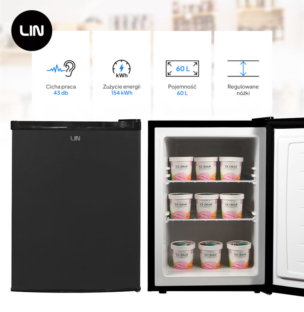 ZAMRAŻARKA LIN LI-BD-60 otwarta wnętrze produkty cechy ikony regulowane nóżki łatwe ustawienie urządzenia ręczne odmrażanie łatwe szybkie czyszczenie cicha praca