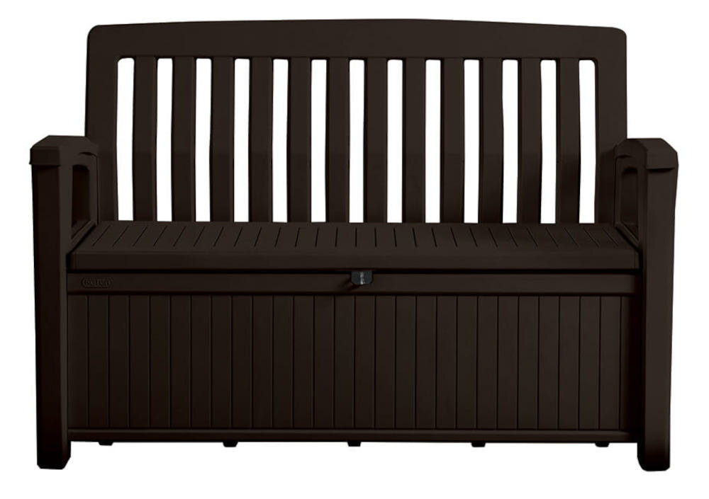 Ławka ogrodowa Patio Storage Bench z wysokiej jakości polipropylenu imituje strukturę drewna sstem JUST CLICK AND GO montaż na zatrzaski