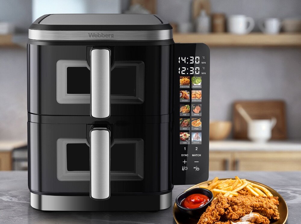 Air Fryer Frytkownica beztłuszczowa WEBBER AF901 11l z podwójnym koszem i 10 automatycznymi programami dwie niezależne komory pieczenia, dwa dania jednocześnie, łatwe gotowanie