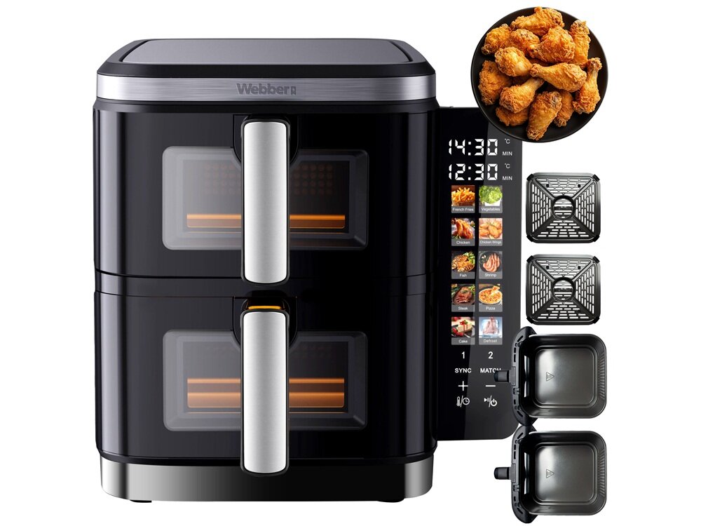 Air Fryer Frytkownica beztłuszczowa WEBBER AF901 11l z podwójnym koszem i 10 automatycznymi programami dynamiczny obieg powietrza, szybkie nagrzewanie, równomierne pieczenie, chrupie na zewnątrz, soczyste w środku