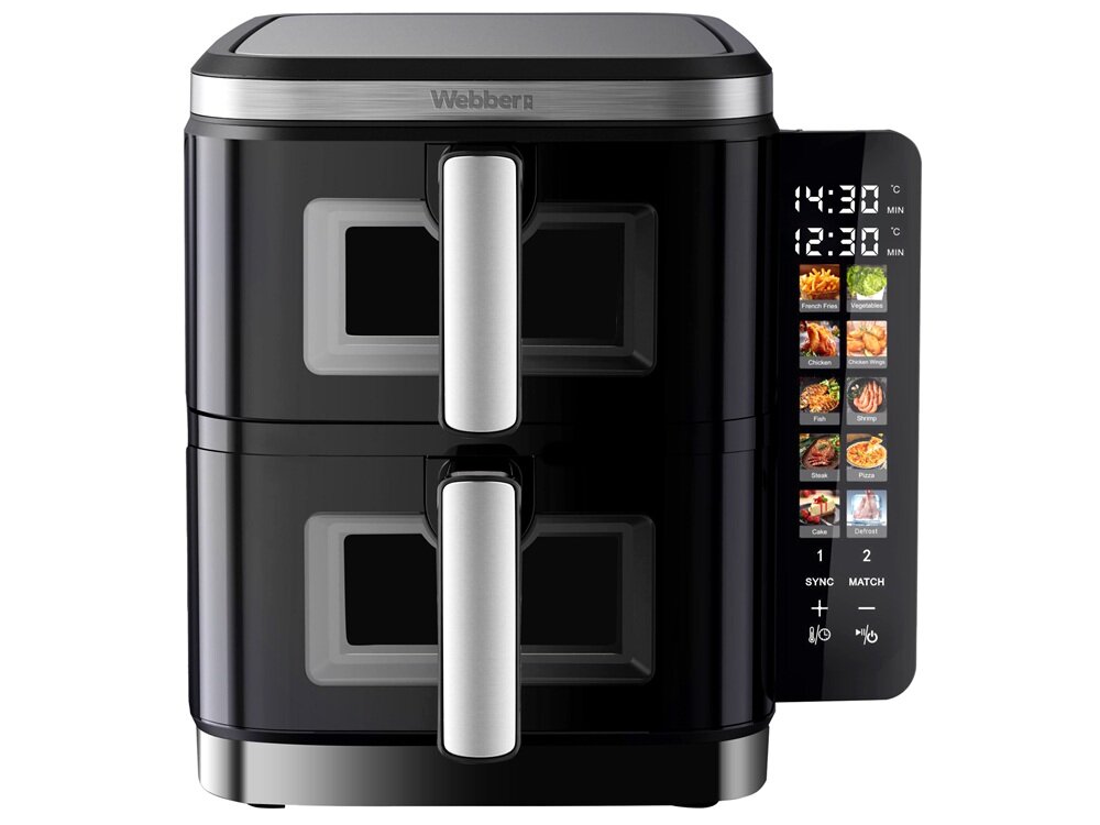 Air Fryer Frytkownica beztłuszczowa WEBBER AF901 11l z podwójnym koszem i 10 automatycznymi programami wbudowane okienka w obu komorach, obserwacja postępów, bez utraty temperatury, równomierne pieczenie