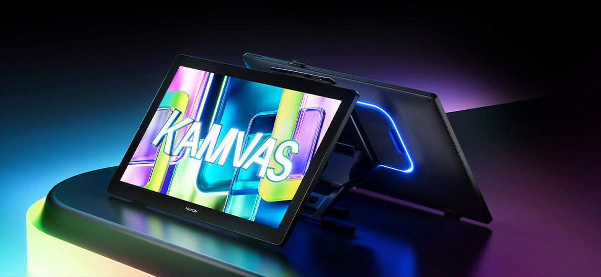 Dwa tablety HUION Kamvas 22 Gen 3 obok siebie na neonowym tle.