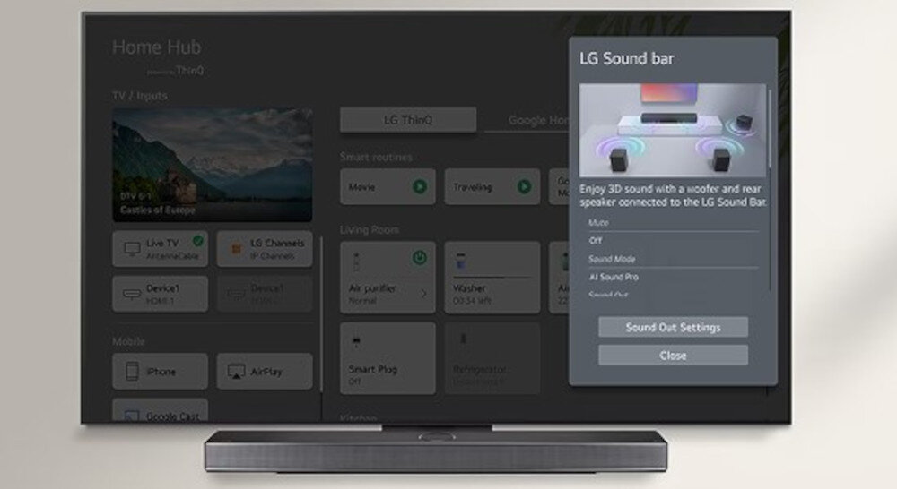 Telewizor LG 65QNED93A6A WOW Interface sterowanie soundbar, telewizor wraz z soundbarem od frontu na szarym tle