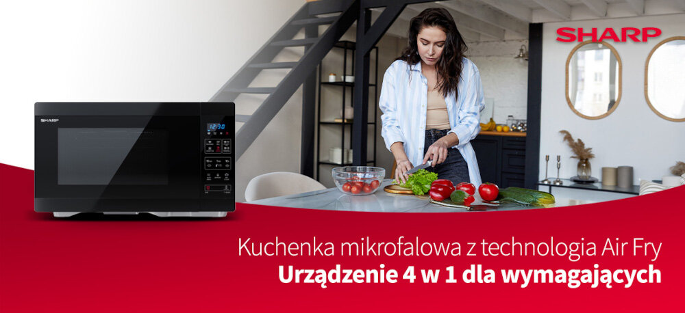 KUCHNIA MIKROFALOWA Z AIRFRY SHARP YC-MA262AE-B Zdjęcie przedstawia czarną kuchenkę mikrofalową Sharp z panelem sterowania po prawej stronie, ustawioną na czerwonym tle graficznym. Zdjęcie przedstawia także kobietę przygotowującą warzywa w kuchni oraz biały napis „Kuchenka mikrofalowa z technologią Air Fry – Urządzenie 4 w 1 dla wymagających” z logo Sharp w prawym górnym rogu