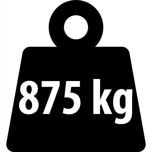 Czarna ikona przedstawiająca ciężarek z napisem \'875 kg\'.