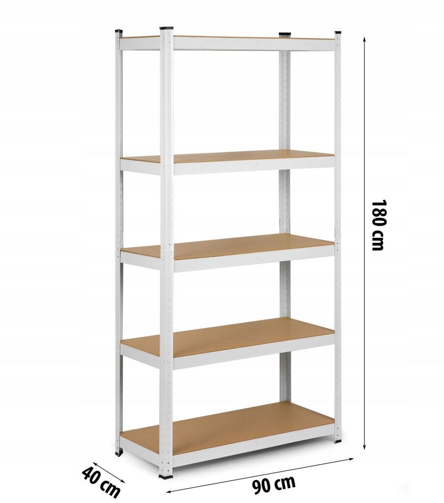 Metalowy regał magazynowy z pięcioma półkami, każda z płyty w kolorze drewna, o wymiarach 180 cm wysokości, 90 cm szerokości i 40 cm głębokości. Na obrazie widoczne są wymiary regału: 180 cm, 90 cm, 40 cm.