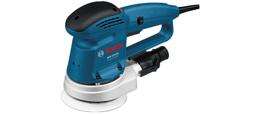 Szlifierka mimośrodowa BOSCH GEX 125 AC do użytku domowego w profesjonalnych warsztatach do szlifowania i polerowania współpracuje z tarczą o średnicy 125 mm