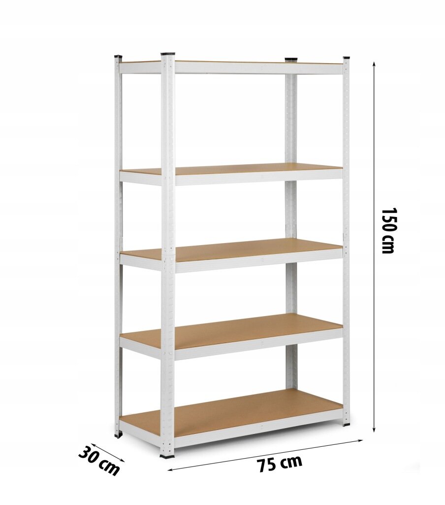 Metalowy regał magazynowy z pięcioma półkami, o wymiarach 150 cm wysokości, 75 cm szerokości i 30 cm głębokości. Półki wykonane są z materiału przypominającego drewno.