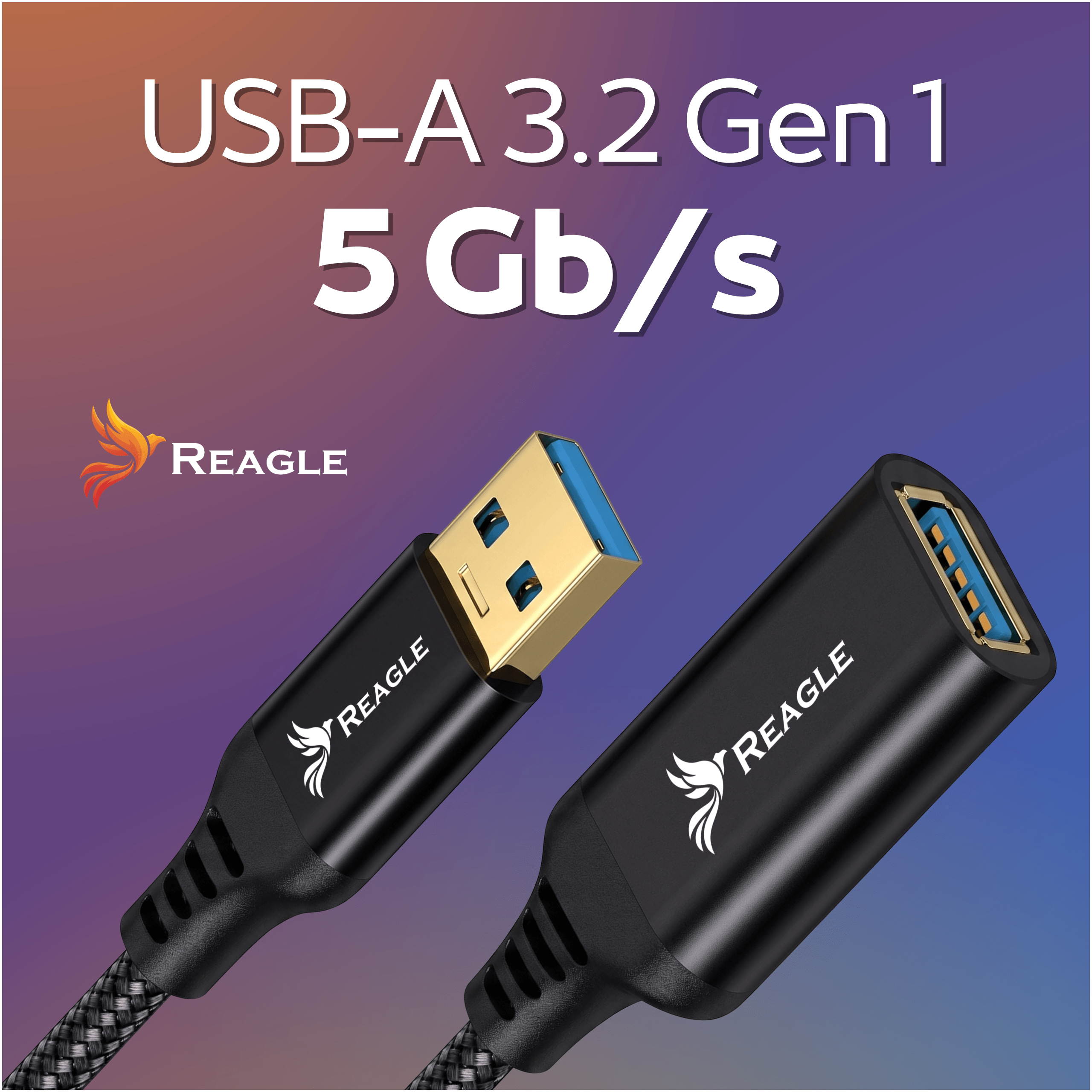 Obraz przedstawia przedłużacz USB-A z logo Reagle na tle gradientu. Widoczny jest tekst: \'USB-A 3.2 Gen 1 5 Gb/s\'.