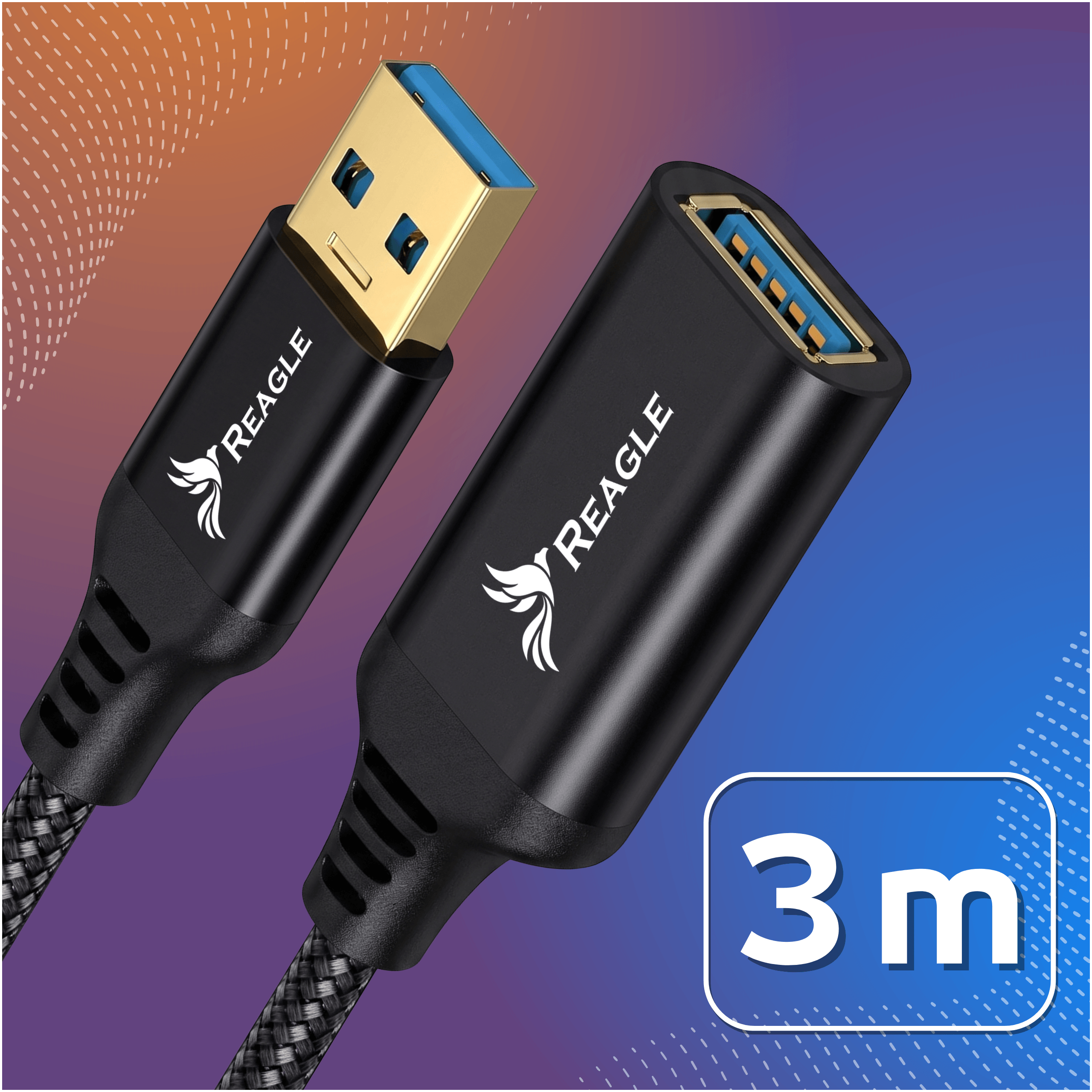 Obraz przedstawia czarny przedłużacz USB-A z logo \'REAGLE\' na obu końcówkach. Na tle widnieje napis \'2 m\'.