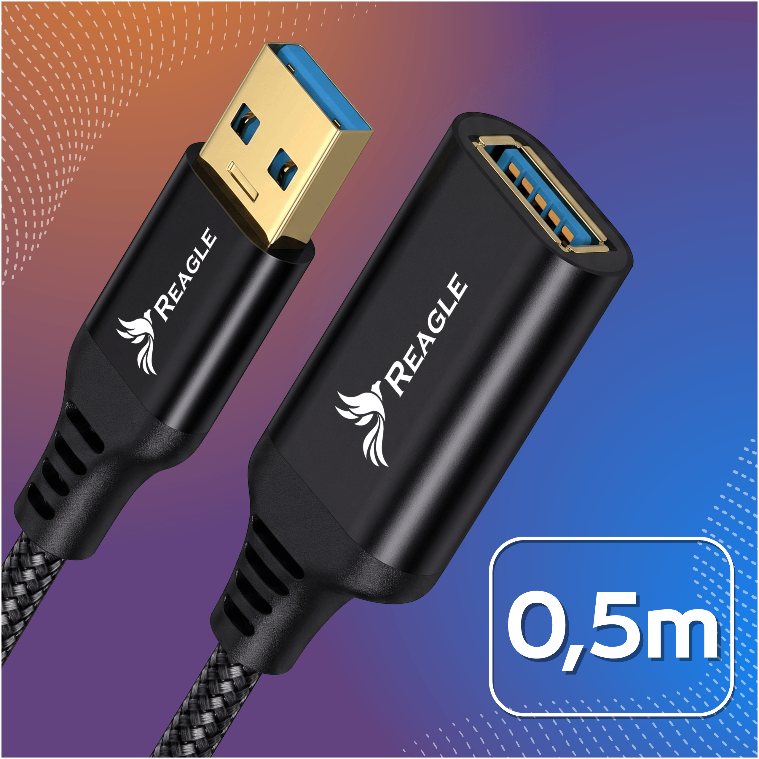 Obraz przedstawia czarny przedłużacz USB-A z logo \'REAGLE\' na obu końcówkach. W prawym dolnym rogu widnieje napis \'0,5m\' na niebieskim tle.