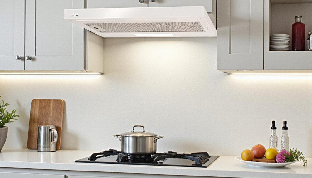 OKAP AKPO WK-7 Light Glass Eco 60 Na zdjęciu 22.jpg widać jasną kuchnię z czarnym, szklanym okapem skośnym zamontowanym nad gazową płytą grzejną z czterema palnikami. Blat zdobi doniczka z rośliną oraz deski do krojenia i owoce, co podkreśla minimalistyczny, elegancki wystrój wnętrza