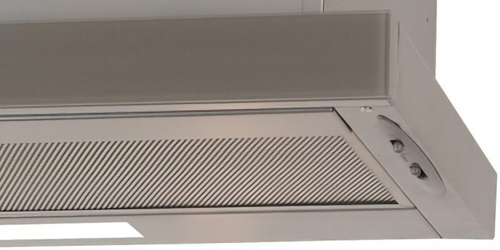 OKAP AKPO WK-7 Light Glass Eco 60 Widzimy fragment czarnego okapu z widocznym wąskim wlotem powietrza oraz czterema przyciskami sterowania. Dolna płyta zasłaniająca mechanizm delikatnie odstaje, tworząc dyskretną linię podziału turbina wysoka wydajność sterowanie panel