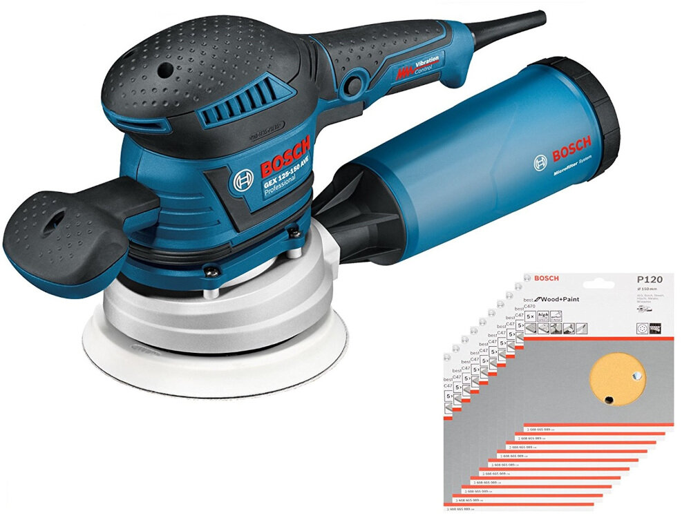 Szlifierka mimośrodowa BOSCH GEX 125-150 AVE silnik moc 400 W maksymalna prędkość obrotowa do 12000 obr/min mocny silnik możliwość wstępnego wyboru prędkości obrotowej gwarancja wysokiej rezerwy mocy optymalne dopasowanie tempa pracy