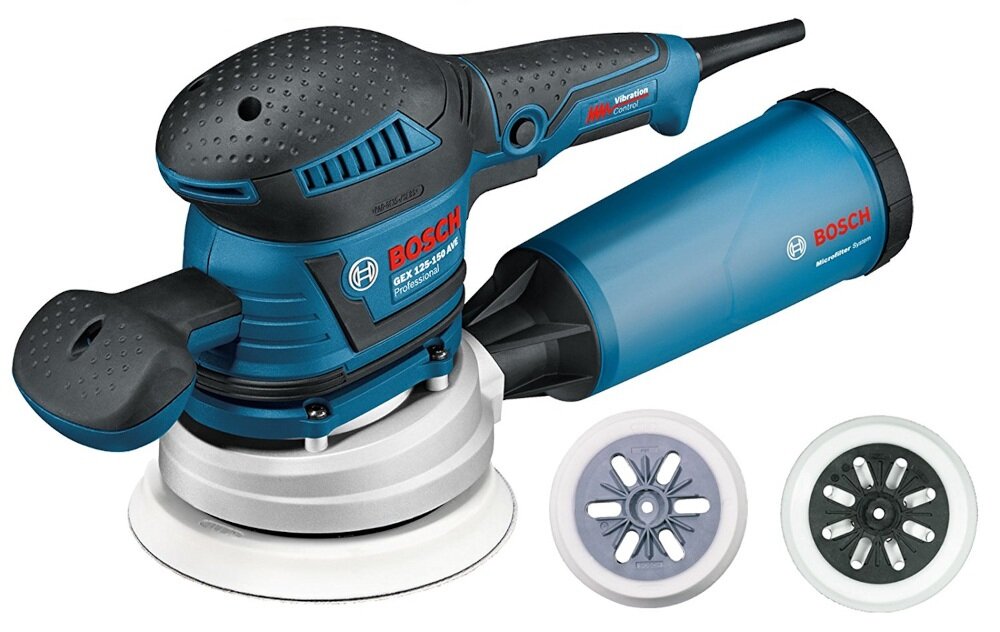 Szlifierka mimośrodowa BOSCH GEX 125-150 AVE prosty uchwyt typu Softgrip pewny chwyt system tłumienia drgań komfort pracy bez uciążliwego mrowienia w ręce